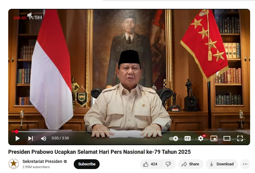 Hari Pers Nasional 2025, Prabowo: Tantangan Insan Pers Semakin Kompleks