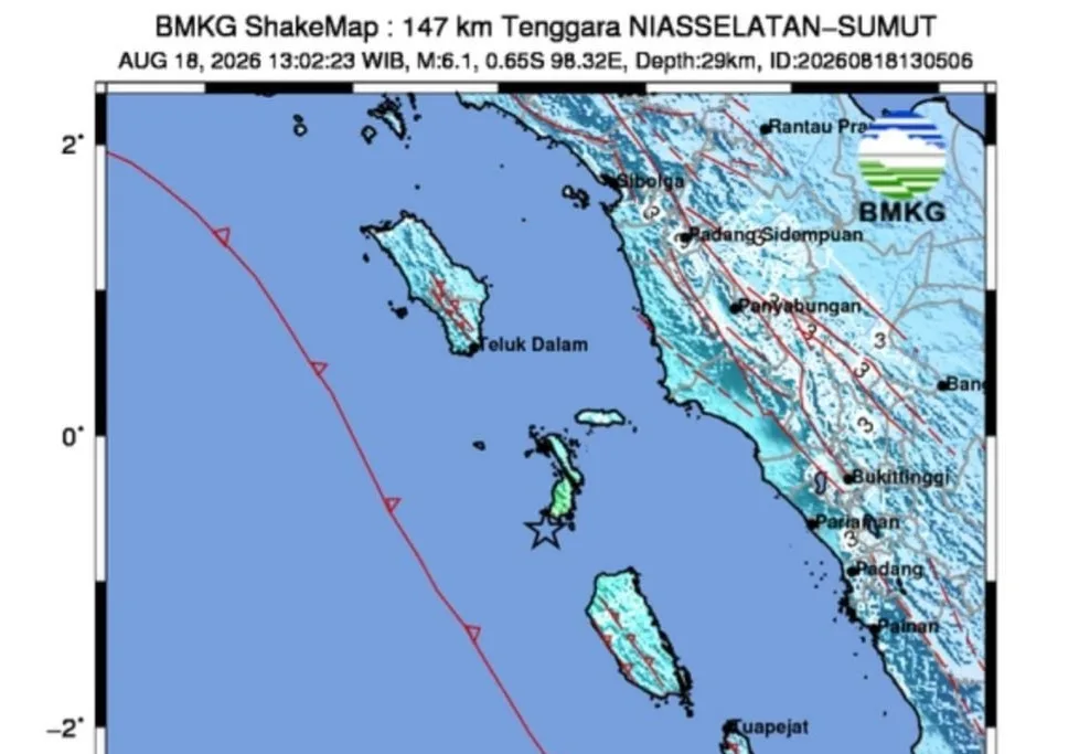 Gempa M 6.1 Guncang Perairan Nias Selatan, Tidak Berpotensi Tsunami